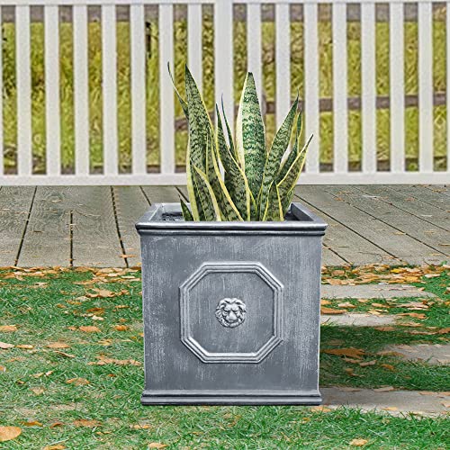 Kante Lightweight Classic Square English Style Lion Head Planter 12.6"x12.6"x12.6" Antique Gray