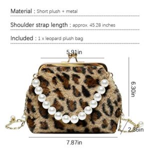 PRACMANU Winter Women Leopard Plush Bag with Detachable Metal & Beaded Chains Girls Clutch Handbag Purse Female Shoulder Crossbody Bag