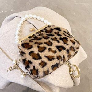 PRACMANU Winter Women Leopard Plush Bag with Detachable Metal & Beaded Chains Girls Clutch Handbag Purse Female Shoulder Crossbody Bag