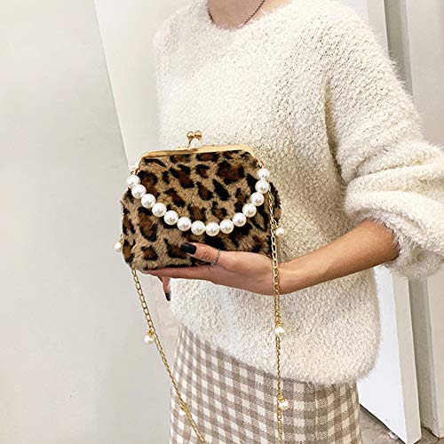 PRACMANU Winter Women Leopard Plush Bag with Detachable Metal & Beaded Chains Girls Clutch Handbag Purse Female Shoulder Crossbody Bag