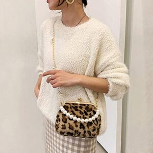 PRACMANU Winter Women Leopard Plush Bag with Detachable Metal & Beaded Chains Girls Clutch Handbag Purse Female Shoulder Crossbody Bag