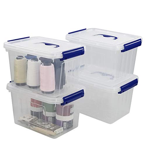 Hespama 6 Quart Storage Bin, Plastic Latching Box/Container with Clear Lid, Dark Blue Handle and Latches, 4 Packs