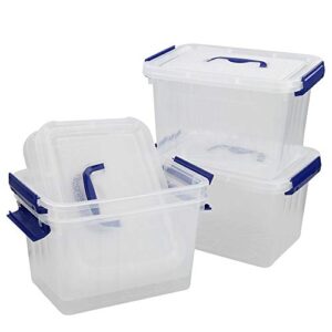 Hespama 6 Quart Storage Bin, Plastic Latching Box/Container with Clear Lid, Dark Blue Handle and Latches, 4 Packs