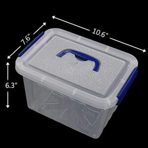 Hespama 6 Quart Storage Bin, Plastic Latching Box/Container with Clear Lid, Dark Blue Handle and Latches, 4 Packs