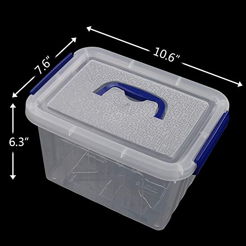 Hespama 6 Quart Storage Bin, Plastic Latching Box/Container with Clear Lid, Dark Blue Handle and Latches, 4 Packs