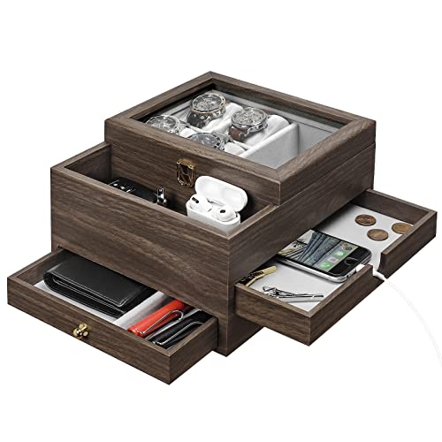 Homde Watch Box for Men Jewelry Organizer with Real Glass Watch Case for Ring, Bracelet, Watch, Necklace, Earrings, and Accessories