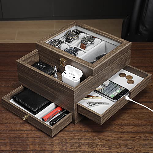 Homde Watch Box for Men Jewelry Organizer with Real Glass Watch Case for Ring, Bracelet, Watch, Necklace, Earrings, and Accessories