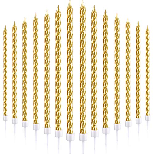 30 Pieces Birthday Candles Spiral Cake Candles Metallic Cupcake Candles Long Thin Cake Candles in Holders for Birthday Wedding Party Cake Decorations (Gold)