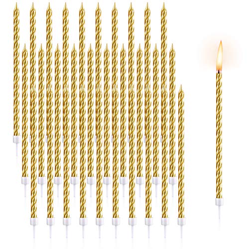 30 Pieces Birthday Candles Spiral Cake Candles Metallic Cupcake Candles Long Thin Cake Candles in Holders for Birthday Wedding Party Cake Decorations (Gold)