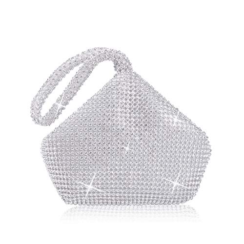 Mogor Women's Triangle Bling Glitter Luxury Full Rhinestones Portable Evening Clutch Twinkle Bag Tote Purse Wallet Glitter Party Wedding Prom Silver