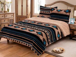 linen mart southwest aztec sherpa borrego fleece blanket – 3 piece set (tan) (queen)