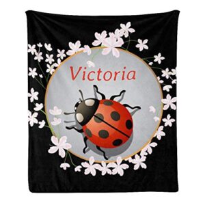 custom blanket with name text,personalized cute ladybug on pink flower super soft fleece throw blanket for couch sofa bed (50 x 60 inches)