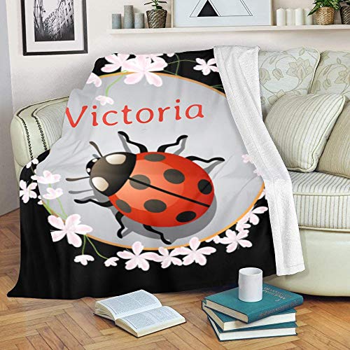 Custom Blanket with Name Text,Personalized Cute Ladybug on Pink Flower Super Soft Fleece Throw Blanket for Couch Sofa Bed (50 X 60 inches)