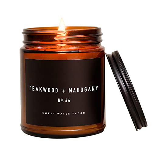 Sweet Water Decor Teakwood + Mahogany Candle | Lavender Geranium Wood Scented Soy Candles for Home | Gifts for Women, Men, Housewarming | 9oz Amber Jar, 40 Hour Burn Time