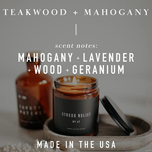 Sweet Water Decor Teakwood + Mahogany Candle | Lavender Geranium Wood Scented Soy Candles for Home | Gifts for Women, Men, Housewarming | 9oz Amber Jar, 40 Hour Burn Time