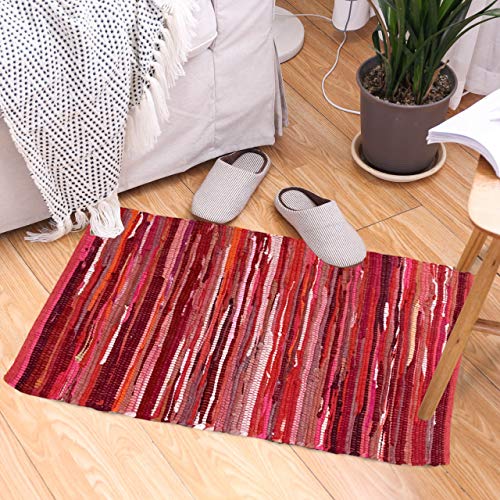 100% Cotton Rag Rug 24x36 - Multicolor Chindi Rug - Hand Woven & Reversible for Living Room Kitchen Entryway Rug - Red