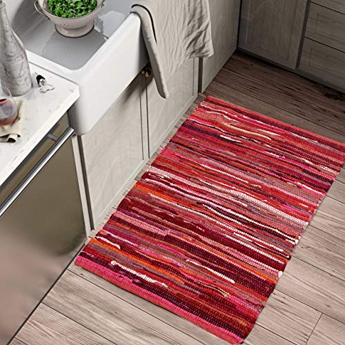 100% Cotton Rag Rug 24x36 - Multicolor Chindi Rug - Hand Woven & Reversible for Living Room Kitchen Entryway Rug - Red