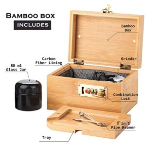 Bamboo Box with Combination Lock Decorative box for Home Locking Storage Bamboo Box Set with Glass Jar Tray Great Gift (M)