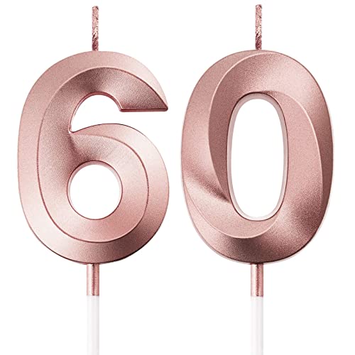 BBTO 60th Birthday Candles Cake Numeral Candles Happy Birthday Cake Topper Decoration for Birthday Party Wedding Anniversary Celebration Supplies (Rose Gold)