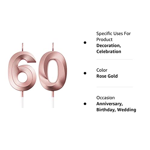 BBTO 60th Birthday Candles Cake Numeral Candles Happy Birthday Cake Topper Decoration for Birthday Party Wedding Anniversary Celebration Supplies (Rose Gold)