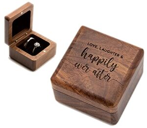 muujee love, laughter & happily ever after double ring box – engraved wooden ring case box for wedding ceremony engagement proposal ring bearer box – anniversary birthday gift ideas