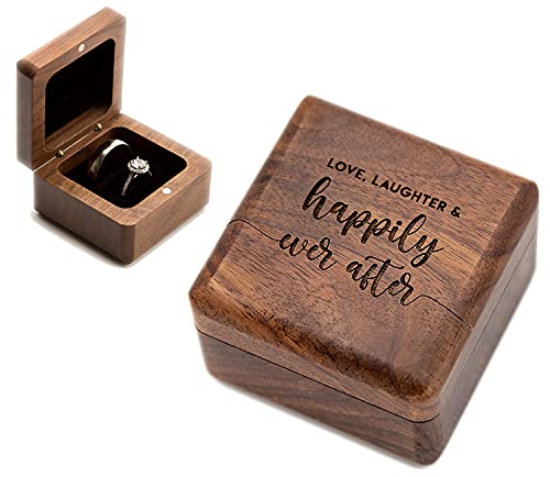 MUUJEE Love, Laughter & Happily Ever After Double Ring Box - Engraved Wooden Ring Case Box for Wedding Ceremony Engagement Proposal Ring Bearer Box - Anniversary Birthday Gift Ideas