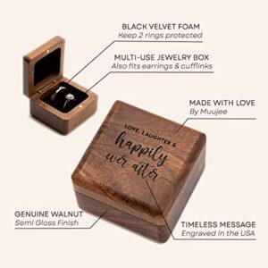 MUUJEE Love, Laughter & Happily Ever After Double Ring Box - Engraved Wooden Ring Case Box for Wedding Ceremony Engagement Proposal Ring Bearer Box - Anniversary Birthday Gift Ideas