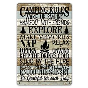 qiongqi funny camping rules metal tin sign wall decor farmhouse rustic camping signs with sayings for home camper room decor gifts