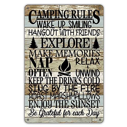 QIONGQI Funny Camping Rules Metal Tin Sign Wall Decor Farmhouse Rustic Camping Signs with Sayings for Home Camper Room Decor Gifts