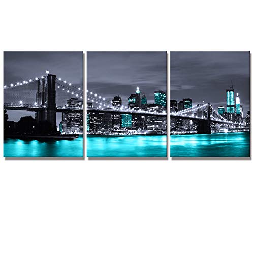 Visual Art Decor Black White and Teal Blue New York Brooklyn Bridge Cityscape Night Building Skyline Picture Canvas Prints Wall Art for Modern Home Office Bedroom Decoration