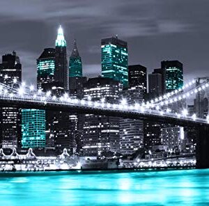 Visual Art Decor Black White and Teal Blue New York Brooklyn Bridge Cityscape Night Building Skyline Picture Canvas Prints Wall Art for Modern Home Office Bedroom Decoration