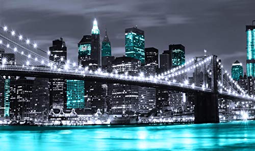 Visual Art Decor Black White and Teal Blue New York Brooklyn Bridge Cityscape Night Building Skyline Picture Canvas Prints Wall Art for Modern Home Office Bedroom Decoration