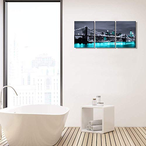 Visual Art Decor Black White and Teal Blue New York Brooklyn Bridge Cityscape Night Building Skyline Picture Canvas Prints Wall Art for Modern Home Office Bedroom Decoration