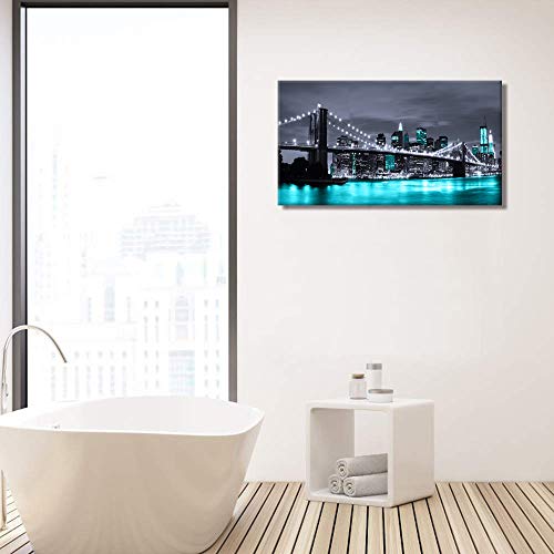 Visual Art Decor Black White and Teal Blue New York Brooklyn Bridge Cityscape Night Building Skyline Picture Canvas Prints Wall Art for Modern Home Office Bedroom Decoration