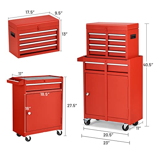 ERGOMASTER 5-Drawers Rolling Tool Chest Cabinet High Capacity Tool Storage Cabinet with Wheels and Locking System, Removable Toolbox Organizer with Sliding Drawers (Standard 5 Drawers，Red)