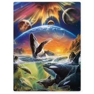 hommomh whale blanket,orca universe,soft fluffy fleece throw 60″x80″,colorful