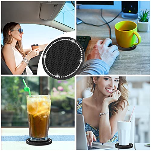 TOOVREN Car Coasters for Cup Holders 4PCS Bling Car Accessories Coasters for Drinks Absorbent Coffee Table Cup Mat Drinking Coaster Silicone Drink Coasters with Holder Home Decor 2.75 Inch Black