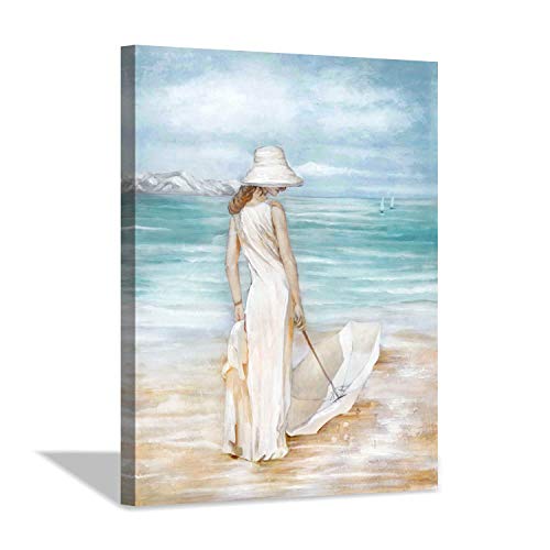 Abstract Beach Artwork Ocean Picture: Modern Women & Umbrella Sea Print Coastal Wall Art on Canvas for Bedroom (16” x 12” x1 Panel)