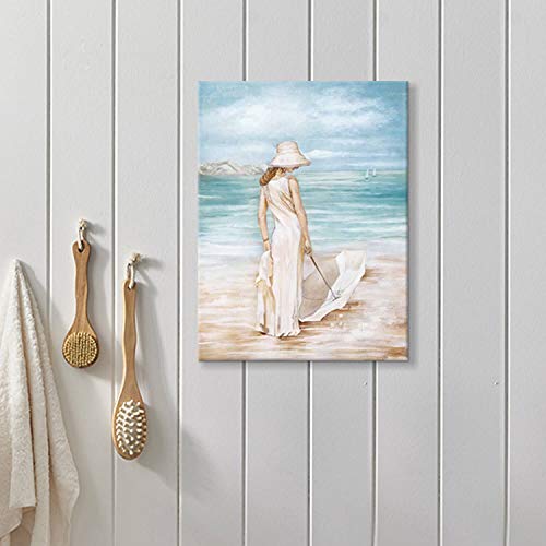 Abstract Beach Artwork Ocean Picture: Modern Women & Umbrella Sea Print Coastal Wall Art on Canvas for Bedroom (16” x 12” x1 Panel)