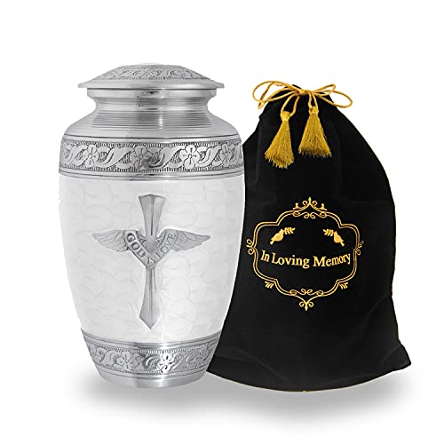 LETUSTO Cremation Urn for Human Ashes for Adults, Funeral Burial Handcrafted Decorative Urns with Velvet Bag for Easy Preservation and Portability [Cross-White]