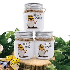 nefelibata bee gnome mini mason jars, honey bee nisse farmhouse tiered tray decor bee sweet bee happy bee kind honey dipper holders bumble bee tomte kitchen centerpieces decors 3 pcs