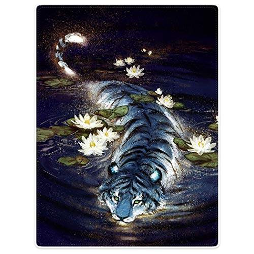 HommomH 40"x50" Wading Tiger Blanket with Auspicious Lotus Animal Art Painting Soft Fluffy Fleece Throw for Couch Sofa Bed