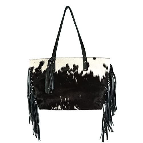 bonanza leathers women's cowhide leather large shoulder tote bag with fringes and zipper closure 505 (black)