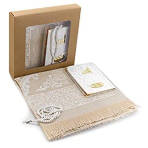 ihvan online Taffeta Fabric Muslim Prayer Rug & Velvet Covered Yaseen Surah Bag-Size Book & Crystal Prayer Beads Set with Kraft Boxed, Perfect Islamic Ramadan Eid Gifts, Cream