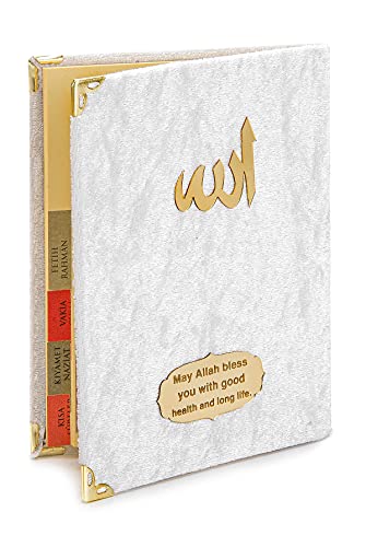 ihvan online Taffeta Fabric Muslim Prayer Rug & Velvet Covered Yaseen Surah Bag-Size Book & Crystal Prayer Beads Set with Kraft Boxed, Perfect Islamic Ramadan Eid Gifts, Cream