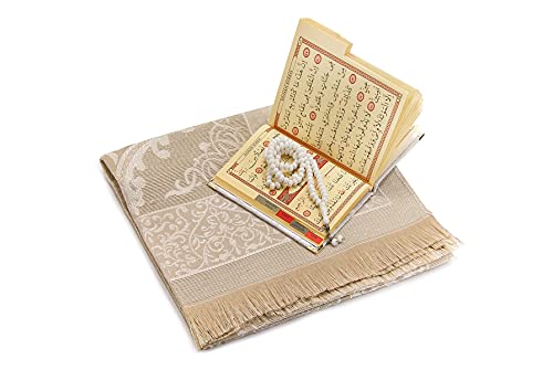 ihvan online Taffeta Fabric Muslim Prayer Rug & Velvet Covered Yaseen Surah Bag-Size Book & Crystal Prayer Beads Set with Kraft Boxed, Perfect Islamic Ramadan Eid Gifts, Cream