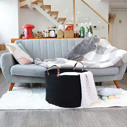 Black Large Basket for Blanket Storage Basket Bins for Organizing Cotton Rope Woven Laundry Hamper Hombins 20in 20in 13in Round Basket Toy Storage Decorative Basket Living Room Extra Large