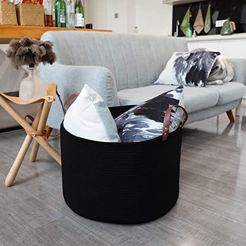 Black Large Basket for Blanket Storage Basket Bins for Organizing Cotton Rope Woven Laundry Hamper Hombins 20in 20in 13in Round Basket Toy Storage Decorative Basket Living Room Extra Large