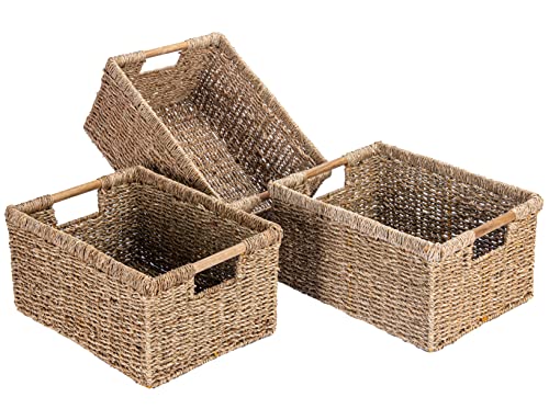 Large Wicker Basket Rectangular with Wooden Handles for Shelves, Seagrass Basket Storage, Natural Baskets for Organizing, Wicker Baskets for Storage - 3 Pack Large