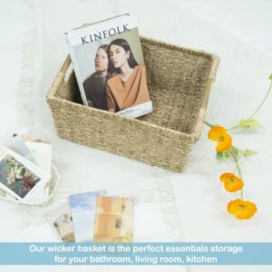 Large Wicker Basket Rectangular with Wooden Handles for Shelves, Seagrass Basket Storage, Natural Baskets for Organizing, Wicker Baskets for Storage - 3 Pack Large